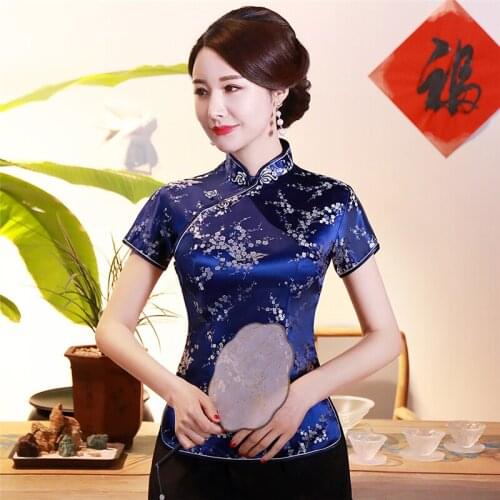 Tops Plus Size 4XL navy blue Vintage Flower Women Chinese Traditional Satin Blouse Summer Sexy Shirt Dragon Clothing