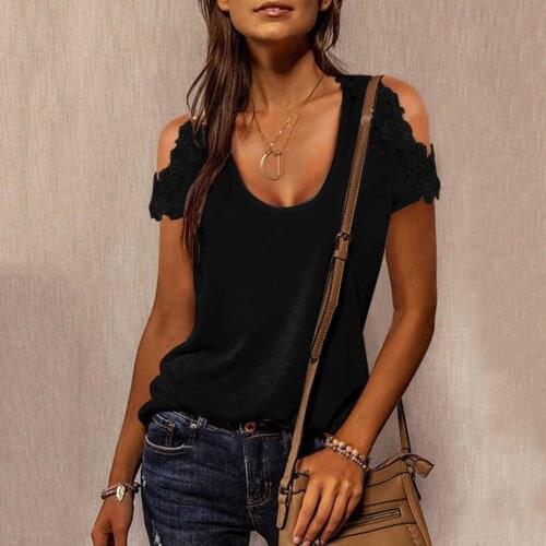 Womens Summer Loose Round Neck Tshirt Cold Shoulder Lace Tshirt Solid Color Short-sleeved Top T-shirt Poleras Mujer #G3