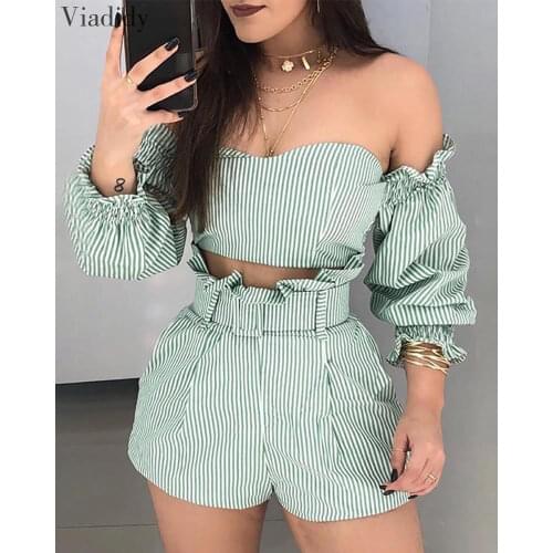 Women 2pcs Suits Striped Off Shoulder Top and Shorts with Belt Set