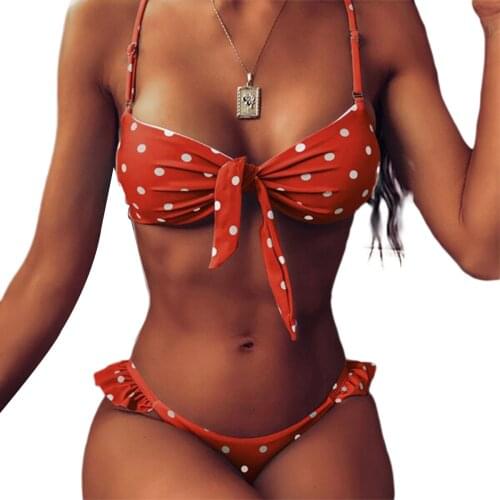 Women Sexy Polka Dots Knot Straps Bikini Sets Female Summer Lace Up Ruffle Thong Beach Swimwear Swimsuits Outfits