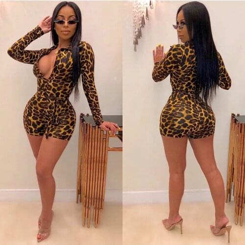 2021 New European And American Fashion Leopard Print Long Sleeve V-Neck Lace Up Jumpsuit