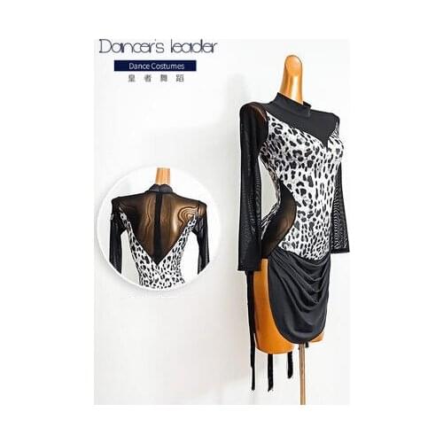 Latin dance practice clothes womens long-sleeved sexy leopard print dress tassel embellished split skirt tango dance clothes