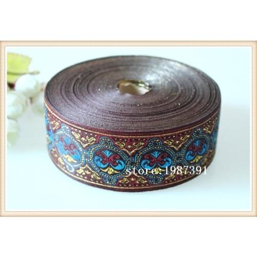 10yards/lot Woven Jacquard Ribbon width about 4.6cm blue totem pattern with gold thread dark red background ls-6614