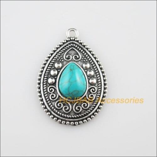 4Pcs Tibetan Silver Color Blue Stone Heart Teardrop Charms Pendants 26.5x38mm