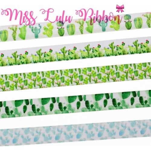 5/8"16mm Cactus Series Watercolor Patterns Printed Elastic Ribbon DIY Party Gift Decor Hair Bowknots Making 50yards/roll
