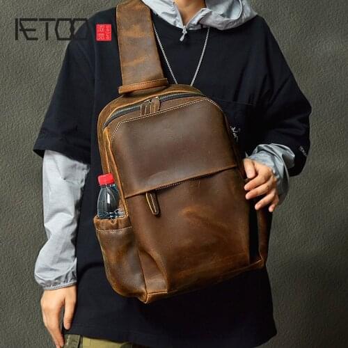 AETOO Retro Crazy Horse Leather Crossbody Bag, Laptop Bag, Leather Big Chest Bag, Leather Motorcycle Bag