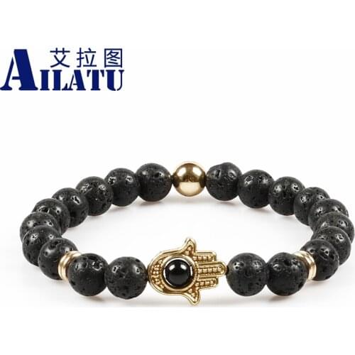 Ailatu Micro Inlay 4mm Black Onyx Bead Hamsa Hand Charm with 8mm Lava Stone Beads&Copper Bead Suited to be Men' Gifts Bracelet