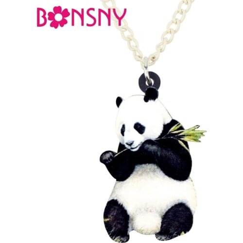 Bonsny Acrylic Eating Bamboo Panda Necklace Pendant Collar Fashion Cartoon Animal Jewelry For Women Girls Teens Gift Accessories