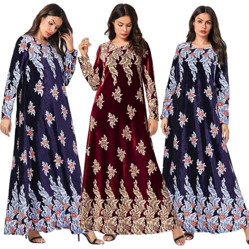 Velvet Abaya Floral Printed Maxi Kaftan Dress For Women Muslim Long Sleeve Dress Vintage Jilbab Ethnic Loose 2019 Fashion New