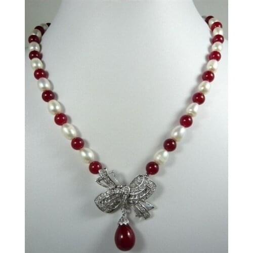 Free Shipping 3 color green/red jade black/white pearl necklace Bow inlay crystal pendant can choose