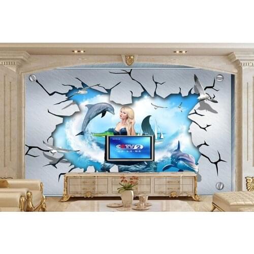 Custom large murals papel de parede,Cartoon dolphin effect stereo wallpaper, living room sofa TV wall bedroom 3d kids wallpaper