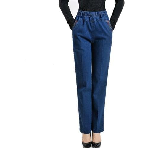 Spring Autumn Stretch Jeans Middle Aged Women Elegant High Waist Straight Denim Pants Casual Loose Cowboy Trousers Plus Size