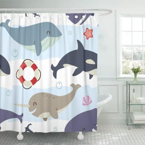 Unicorn Blue Whale Sperm Narwhal and Killer Anchor Shower Curtain Polyester 72 x 72 Inches Set with Hooks