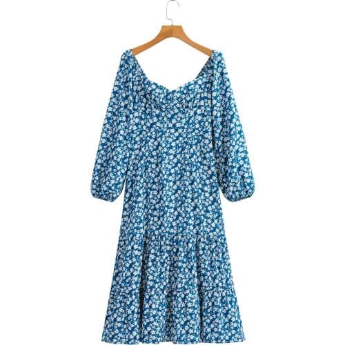 Jastie 2021 Womens Dress Floral Print V-Neck Long Sleeve Ruffled Back Drawstring Midi Dresses Bohemian Beach Party Summer Dress