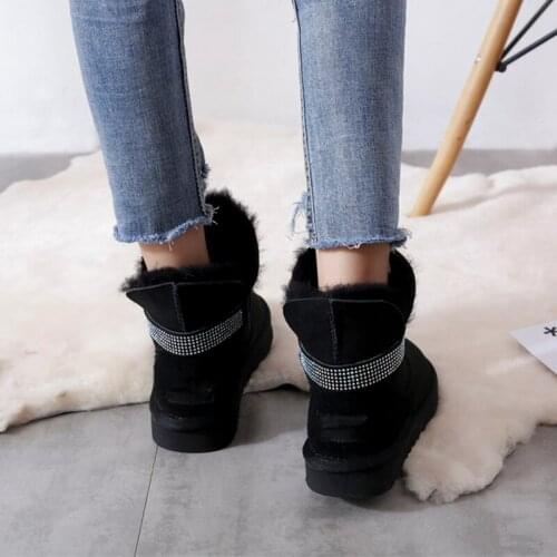 JAYX Fashion Real Sheepskin Womens Winter Woman Handmade Rhinestones Snow Boots Mid Calf Genuine Sheepskin Women Boots