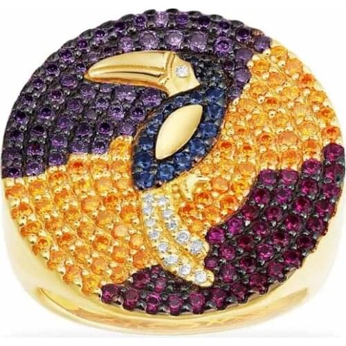 SLJELY Fashion Real 925 Sterling Silver Tropical Jungle Multicolor Zirconia Toucan Round Ring Women High Quality Brand Jewelry