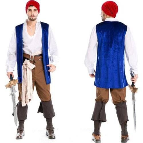New Style Blue Shot Halloween Mans Pirates Costumes Captain Jack Role play Pirates Masquerade Cosplay Costume High Quality