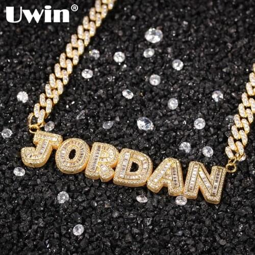 UWIN Custom Name Necklace Small Baguette Letter Customized Pendant With 9mm Cuban Chain Nameplate Pink Silver Color Link Jewelry