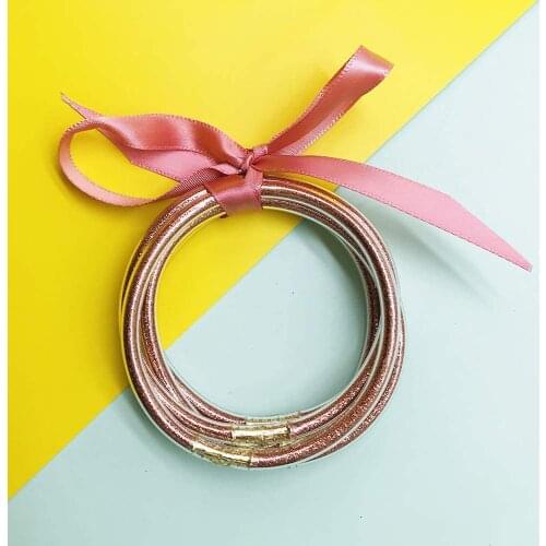 Peach Pink Glitter Jelly Bangle Bracelet Gold Powder Lining Fashion Jewelry Lightweight Cute Bracelets for Women Girl
