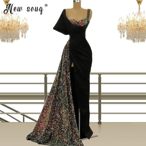 Sparkling Sequin Mermaid Prom Dresses With Split Side Dubai Arabic Crystals Moroccana Kaftan Puff Sleeve Party Gowns 2021