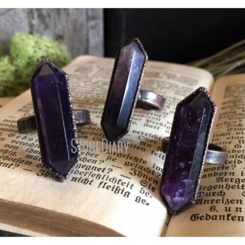 RM39967 Amethyst Crystal Wand Ring Natural Stone Gypsy Handmade Electroformed Ring Purple Amethyst Crystal Ring