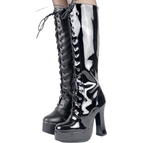 12CM High Heel Boots Women Knee-High PU Leather Platform Round Toe Cross-tied Thick Heel Boots Size 36-46