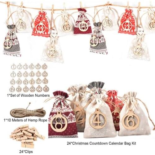 24pcs DIY Numbers Bag Christmas Advent Calendar Ornament Christmas Gift Bags Calendar Countdown Bag Candy Storage Pouches