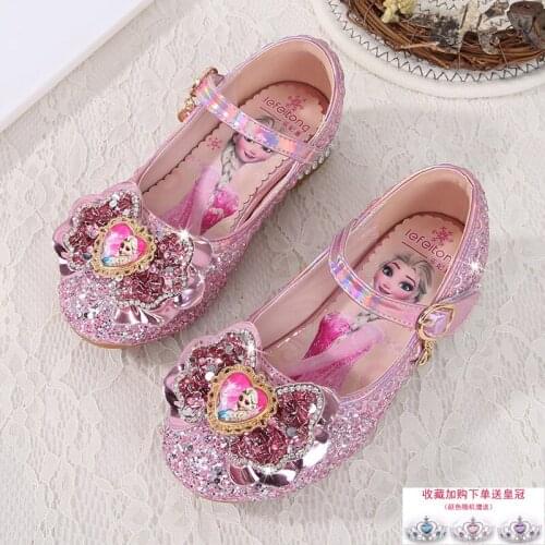Disney girls leather shoes sequins autumn new childrens high-heeled princess shoes fashion dance performance non-slip shoes