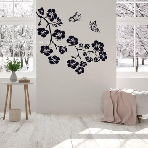 Branch With Flowers Wall Stickers Butterfly Home Decor Vinyl Decals for Living Nursery Bedroom Simple Murals YT6276