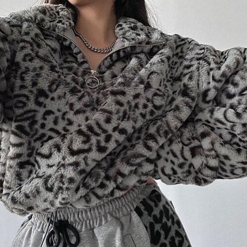WOMENGAGA High Street Fashion Turtleneck Leopard Print Long Sleeve Drawstring Short Rabbit Fur Sweatshirt For Women DD07