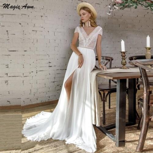Magic Awn 2021 Beach Wedding Dresses Lace Chiffon Short Sleeves Boho Country Bridal Gowns With Side Split Illusion Vestidos Boda