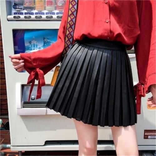 Women Skirt Leather Short Pleated Skirt A-line High Waist Pu Black Mini Skirt Spring Autumn Winter mujer faldas 2020