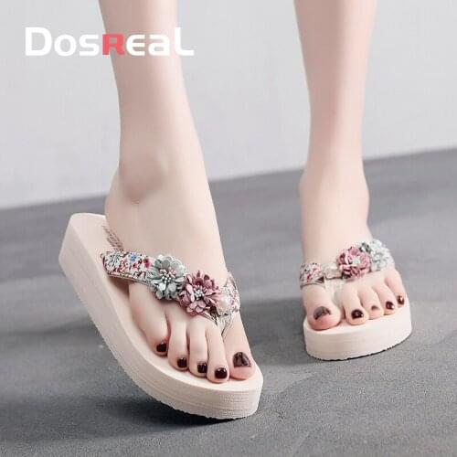 Dosreal Summer New Womens Floral Beaded Sequined Slippers Girls Beach Shoes Flip-Flop Sandals Ladies Slope Heel Platform Shoes