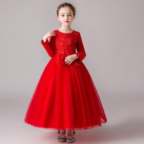 2020 Christmas new girls dress mesh embroidered autumn princess dress girls long-sleeved wedding dress long dress 4-14 years