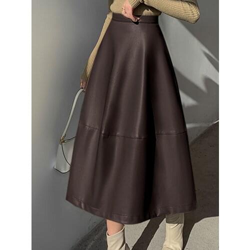 2021 Fashion Women PU Leather Skirts Celmia High Waist Vintage Zipper Midi Skirts Casual Loose Solid A-Line Party skirts Femme