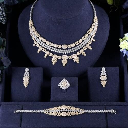 Accking Fashion Luxury Elegant Dubai Bridal cube zircon necklace earring 4pcs for women Wedding party Jewelry Sets