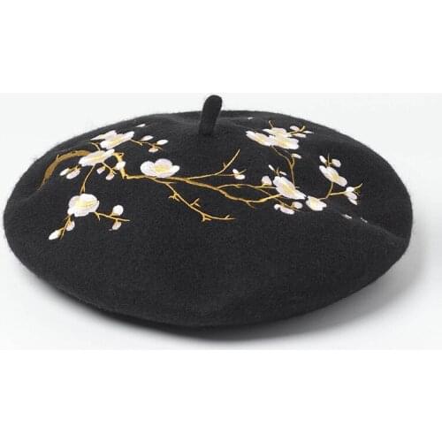 Bonnets Beret hat women wool solid color beret embroidery retro hat retro plain beret hat warm hat elegant ladies winter hat