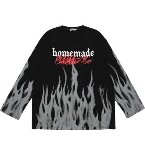 Men Hip Hop Oversize T Shirt Streetwear Flame Print T-Shirt Harajuku Cotton Casual Long Sleeve Tshirt 2021 New Autumn Tops Tees