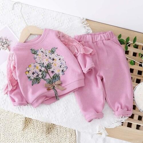 Halilo 2020 Spring Kids Clothes Girls Outfits Lace Flower Embrodiery Tops + Pants 2pcs Baby Clothes Little Girls Clothing Sets