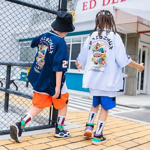 Cartoon Print Cardigan Shirt Kids Streetwear Hip Hop Loose Casual Shirts Childrens Summer Topts Dance Clothing for Girl Boy