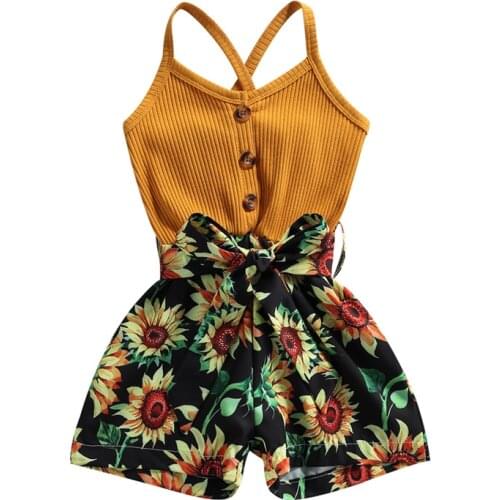 Pudcoco 18M-6Y Summer Sunflower Floral Print Sleeveless V-Neck Lace-Up Loose Wide Leg Romper Jumpsuit Playsuit Leotard Trousers