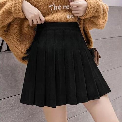 Korean Style Autumn Winter Woolen Pleated Mini Skirt Black A Line Skirt with Lining Kawaii School Skater Skirt for Women