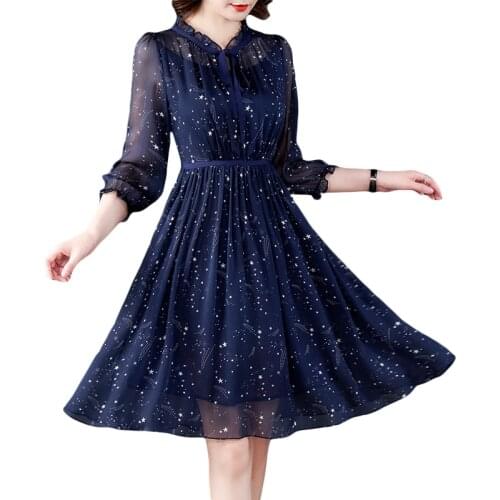 LUKAXSIKAX 2021 New Spring Summer Women Elegant Slim Dress Fashion Starry Sky Floral Navy Blue Chiffon Dress