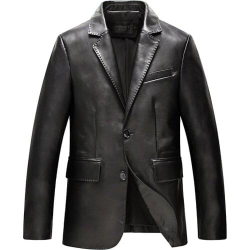 New Mens Genuine Pure Natural Sheep Leather Black Lapel Collar Mid-length Fashion Slim Sheepskin Jacket Coat Large Size XL XXL