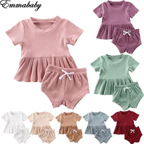 NEW 2020 Summer Infant Newborn Baby Girls Clothes Sets Solid Short Sleeve T Shirts Tops+Shorts Trousers 2pcs Set 0-24M