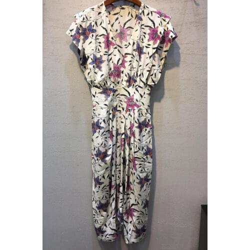 Woman Floral Pring Viscose Midi Dress V-neck Sleeveless Ruffled Pleats Detail Slim Waist Fashion Dress 2021SS New