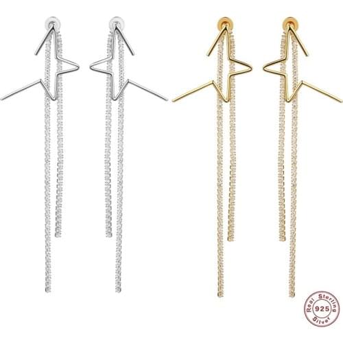 Real 925 Sterling Silver 2 Pair Tassel Dangle Earrings For Women Geometric Star Extra Long Line Silver/18K Gold Jewelry Gift Set