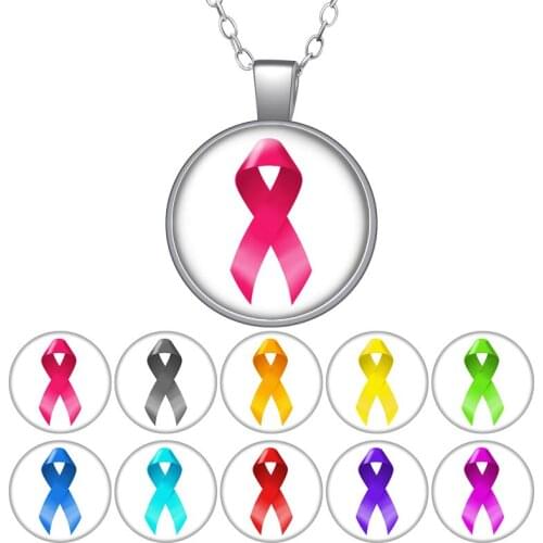 Pink Red Yellow ribbon Public welfare Round Pendant Necklace 25mm Glass Cabochon Silver Plated Jewelry Women Birthday Gift 50cm