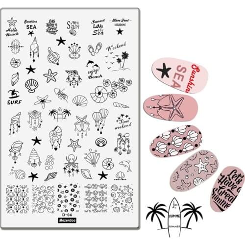 Summer Theme Stamping Templates Starfish Conch Floral Nail Stamp Plate Surf Pattern Palm Tree Image Nail Tools Mezerdoo D-04