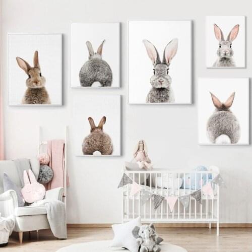 Nordic Kids Baby Minimalist Painting Room Decor Bunny Rabbit Tail Wall Art Picture Woodland Animal Nursery Canvas Poster